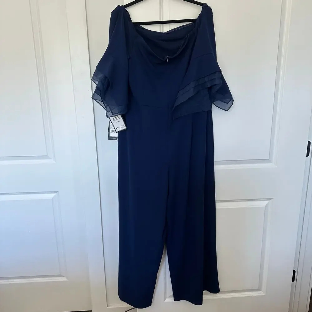 NWT! Adrianna Papell (18W) Navy Off-The-Shoulder Jumpsuit Organza Sleeve MOTB - Picture 4 of 10
